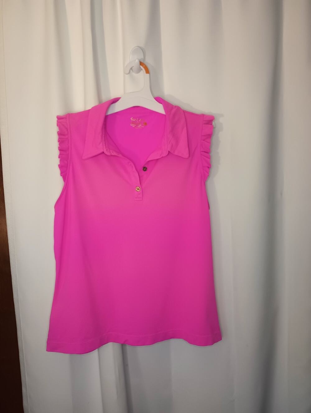 Lilly Pulitzer Luxletic Frida Ruffle Polo Top L Pink Meryl Nylon Preppy Tennis